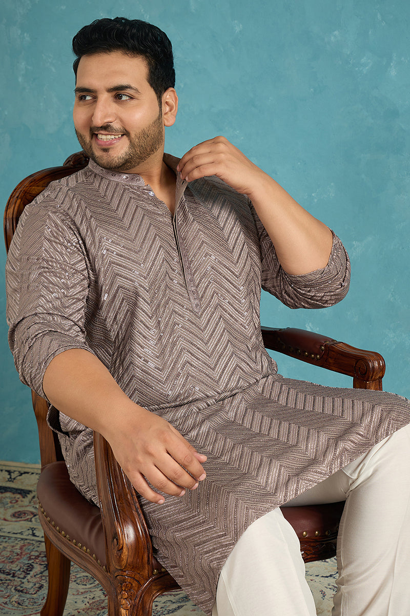 Mens Grey Viscose Rayon Solid Thread Work Embroidered Kurta