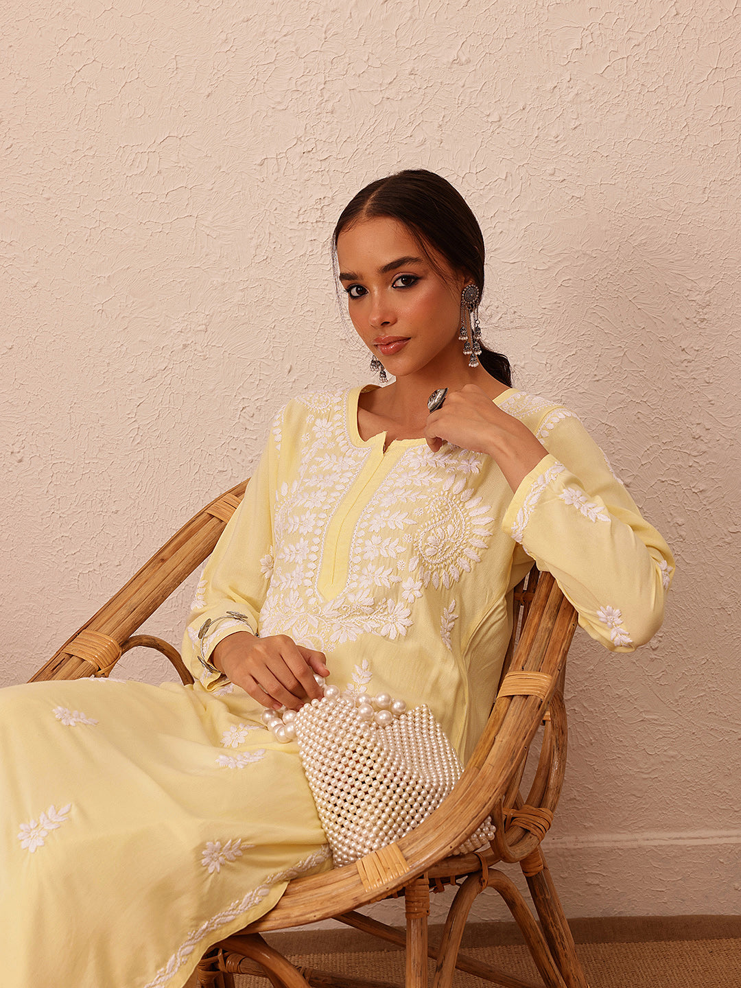 Yellow & White Rayon Embroidered Chikankari Kurta