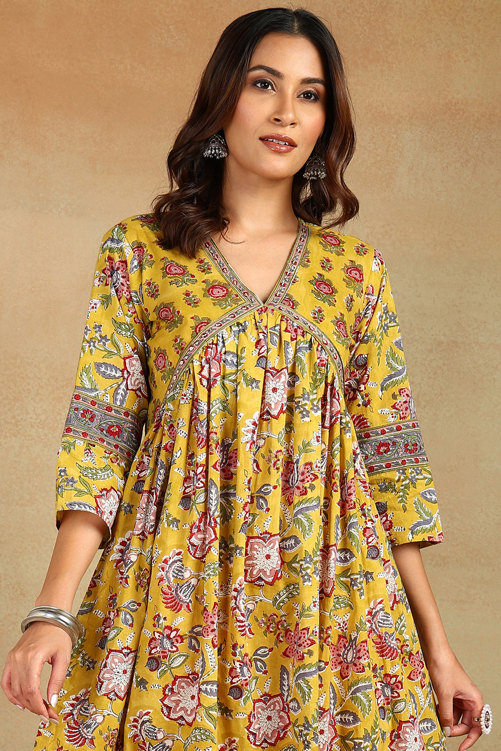 Mustard-&-Maroon-Cotton-Printed-'A'-Line-Kurta