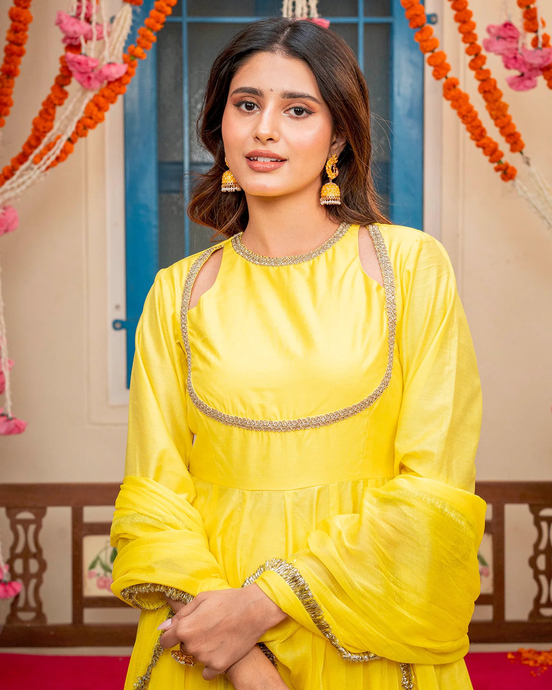 Yellow-Chanderi-Cut-Out-3-Piece-Kurta-Set