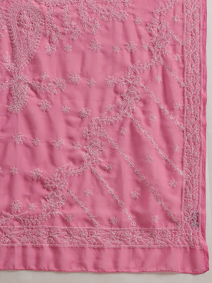 PInk & White Georgette Hand Embroidered Chikankari Saree