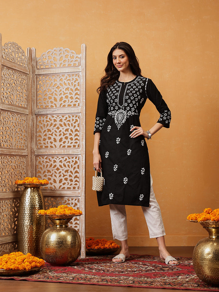 Hand Embroidered Lucknowi Chikankari Black Cotton Kurta