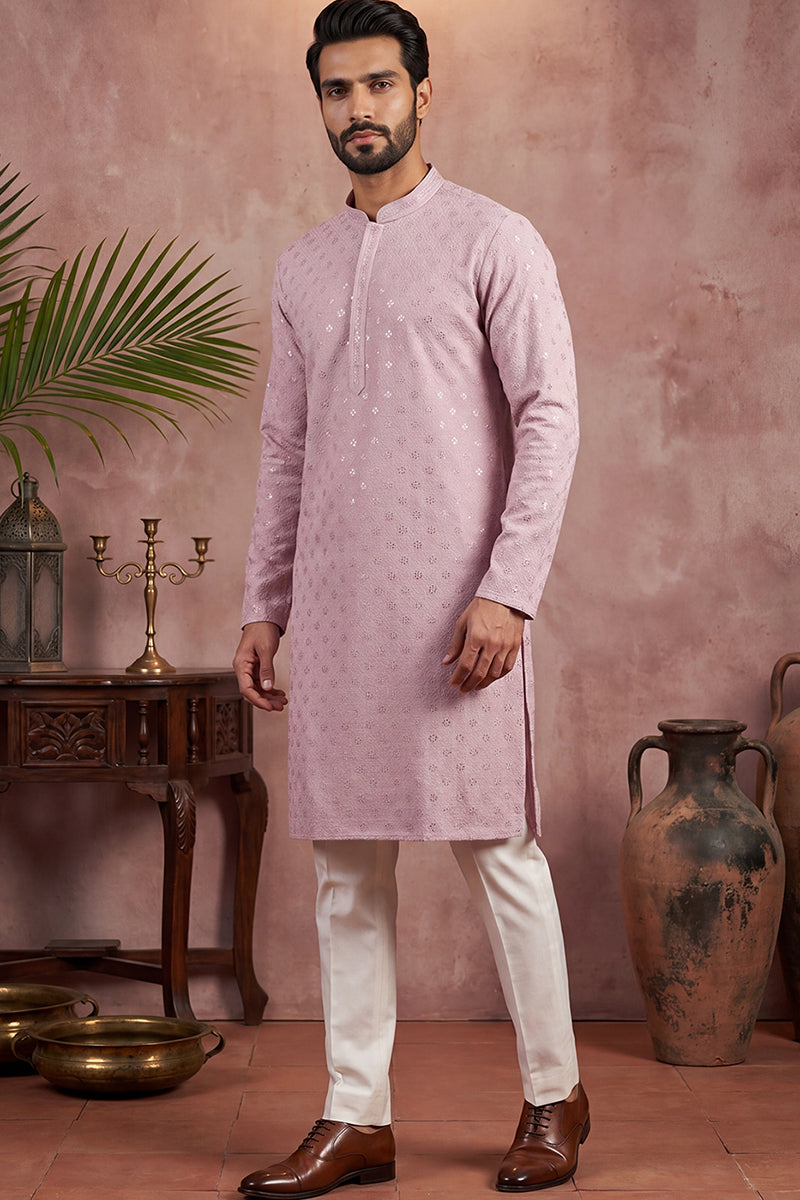 Mens Purple Viscose Rayon Solid Embroidered Straight Kurta with Trouser