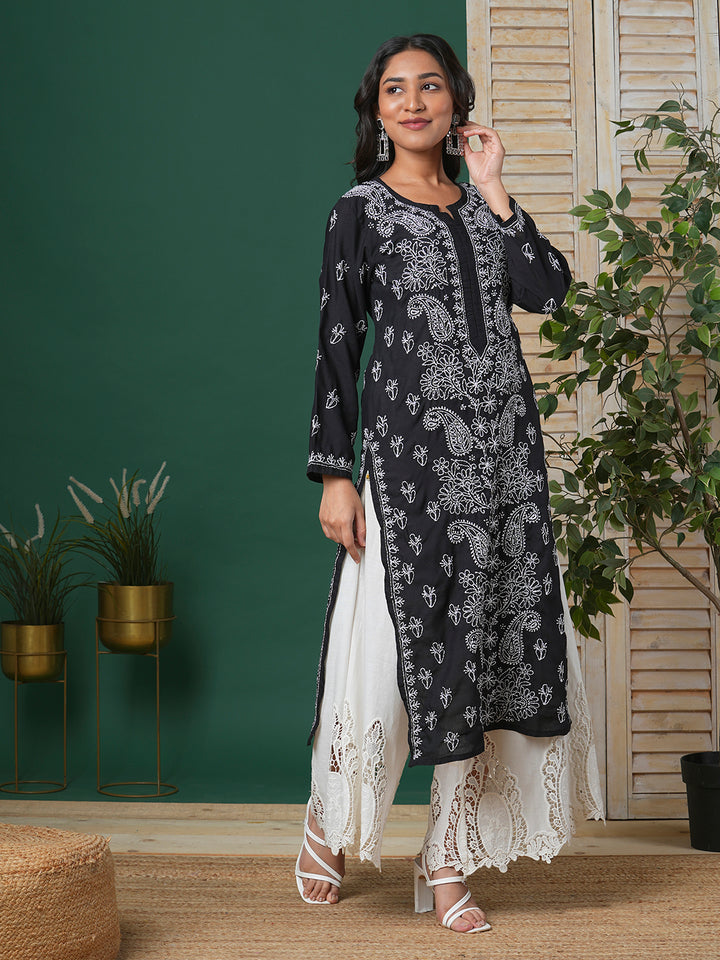 Hand Embroidered Lucknowi Chikankari Black & White Cotton Kurta