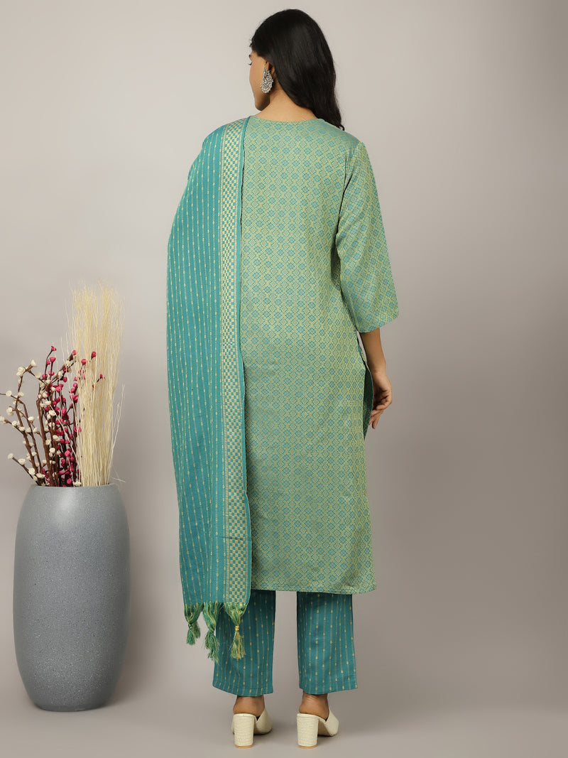 Sea-Green-Cotton-Blend-Self-Design-Festive-3-Piece-Kurta-Set