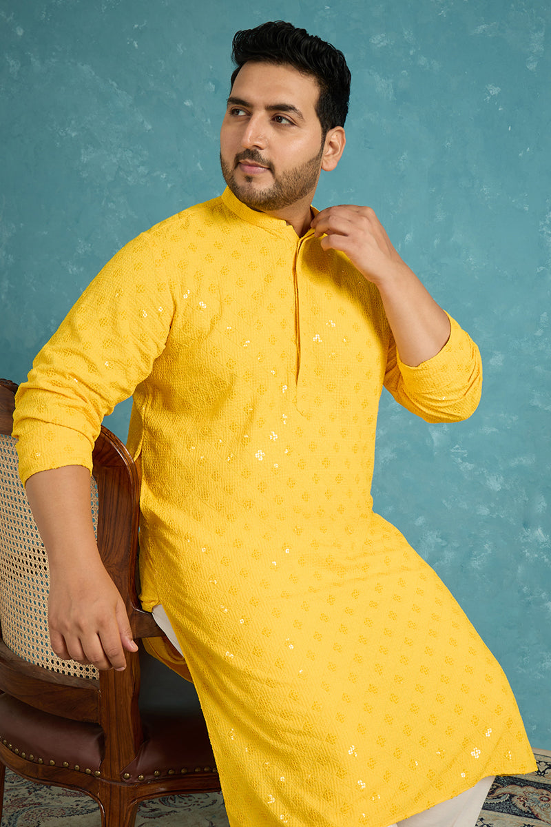 Mens Mustard Viscose Rayon Solid Chikankari Embroidered Kurta