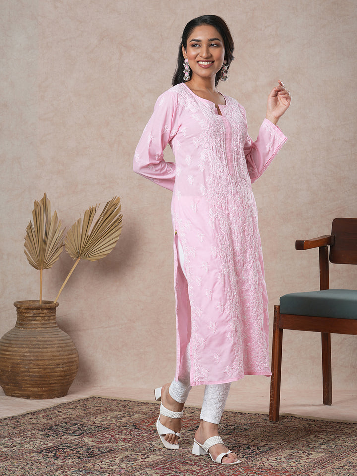 Hand Embroidered Lucknowi Chikankari Pink & White Cotton Kurta