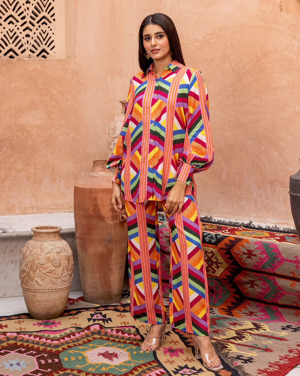 Multicolour-Rayon-Striped-Co-Ord-Set