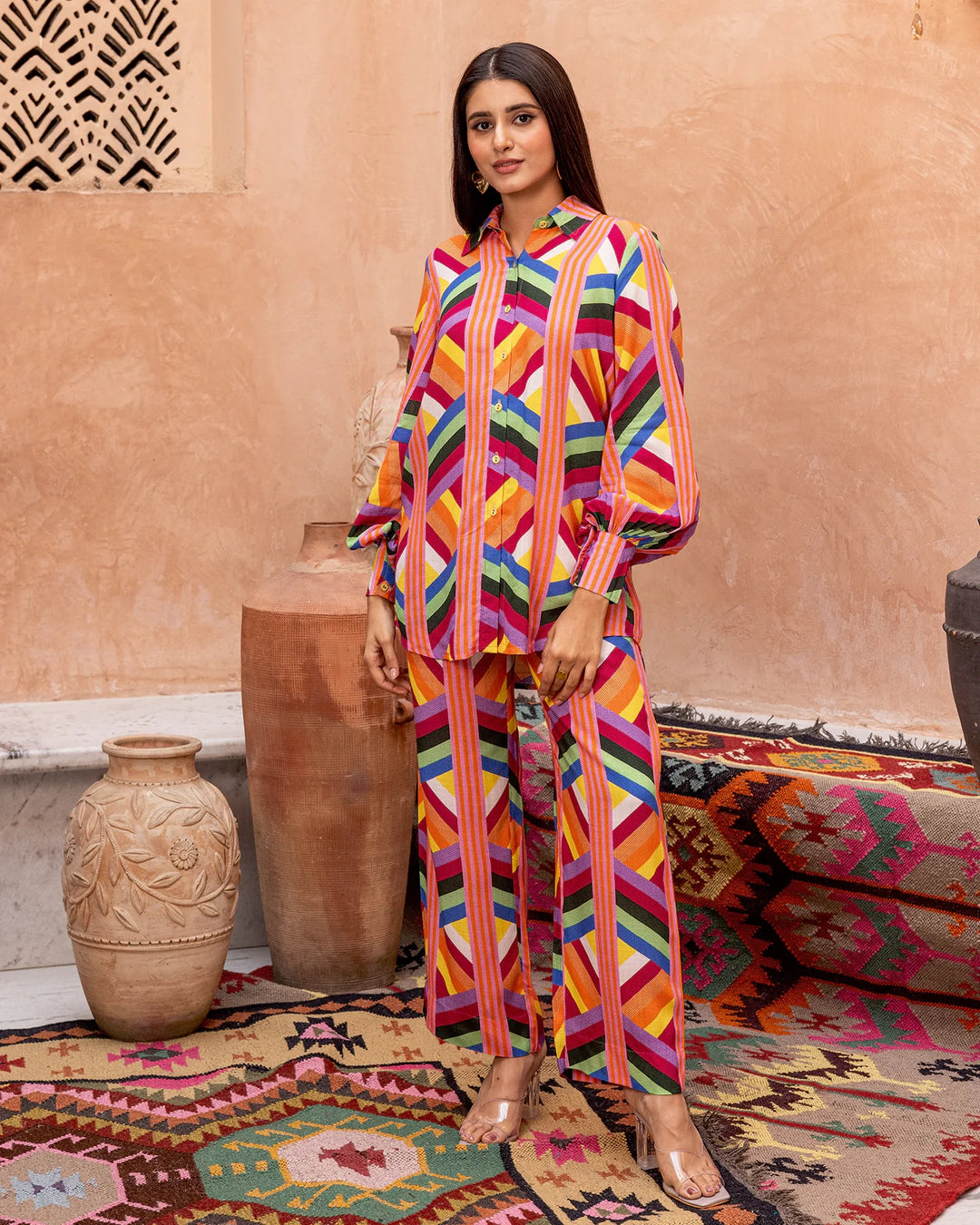 Multicolour-Rayon-Striped-Co-Ord-Set