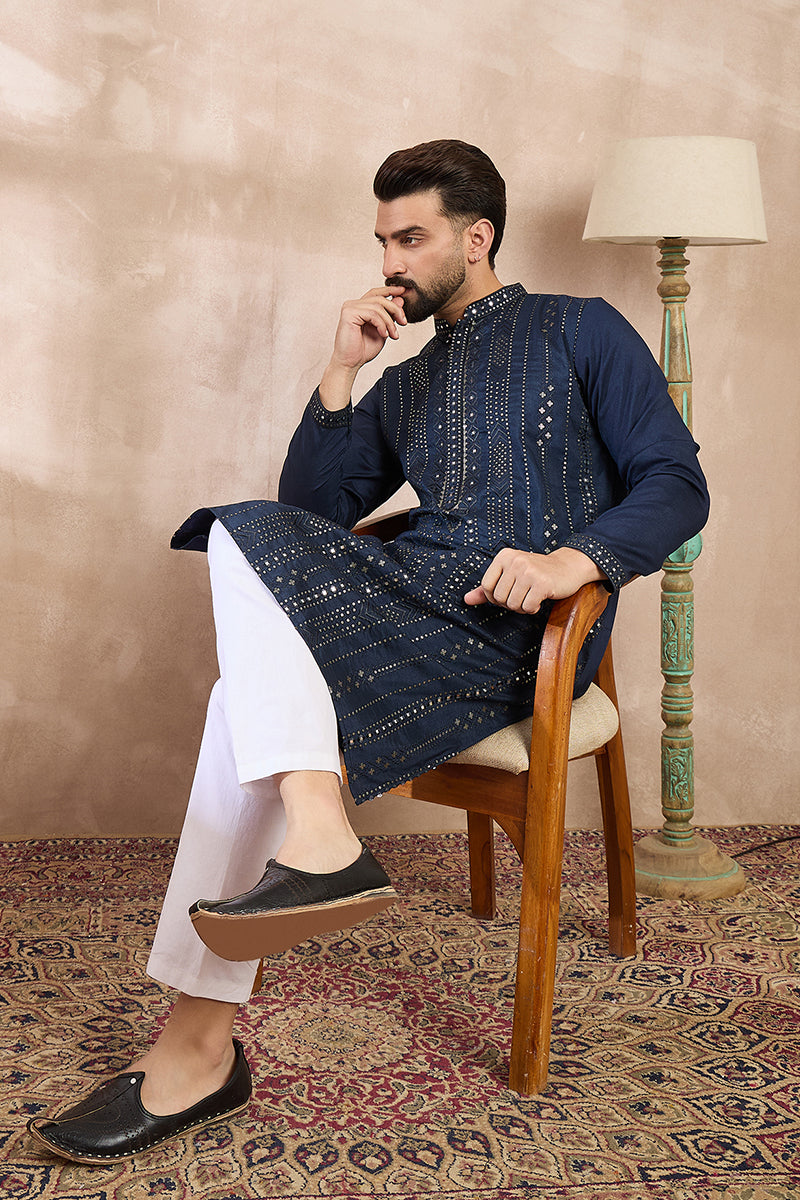 Mens Blue Silk Blend Geometric Embroidered Straight Kurta