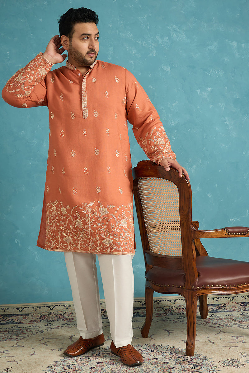 Mens Peach Silk Blend Solid Thread Work Embroidered Kurta