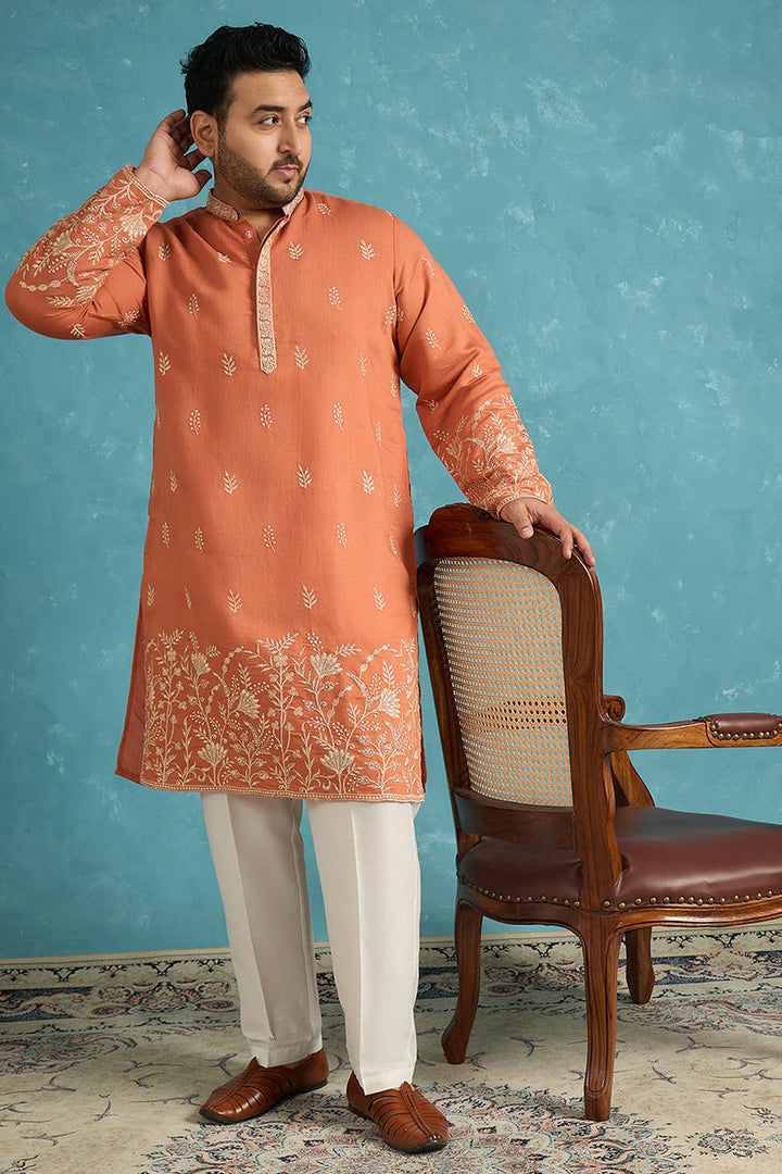 Mens Peach Silk Blend Solid Thread Work Embroidered Kurta