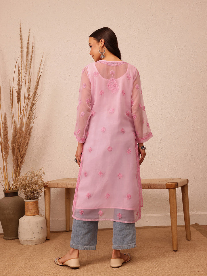 Embroidered Pink Chikankari Kurta With Slip