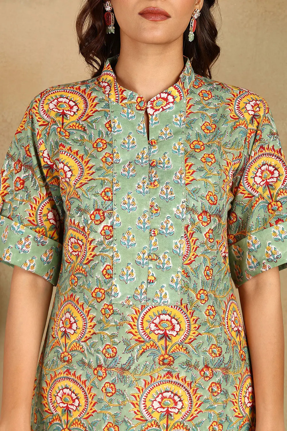 Green-&-Yellow-Cotton-Hand-Block-Printed-Half-Sleeves-Kurta