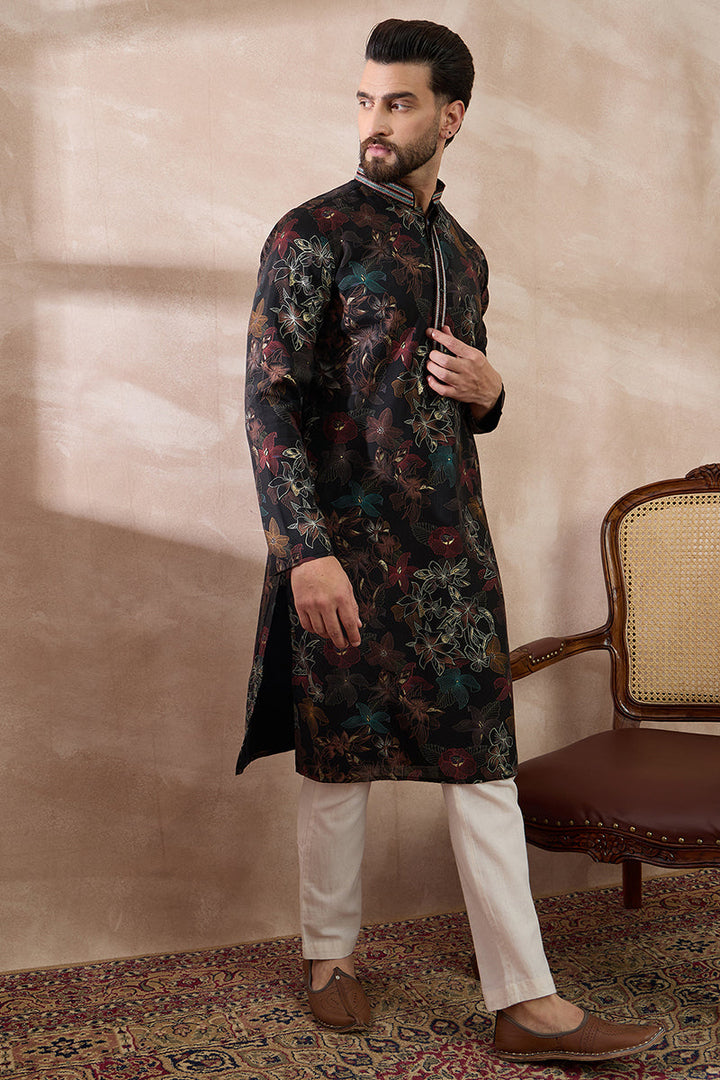 Mens Black Silk Blend Printed Mandarin Collar Straight Kurta