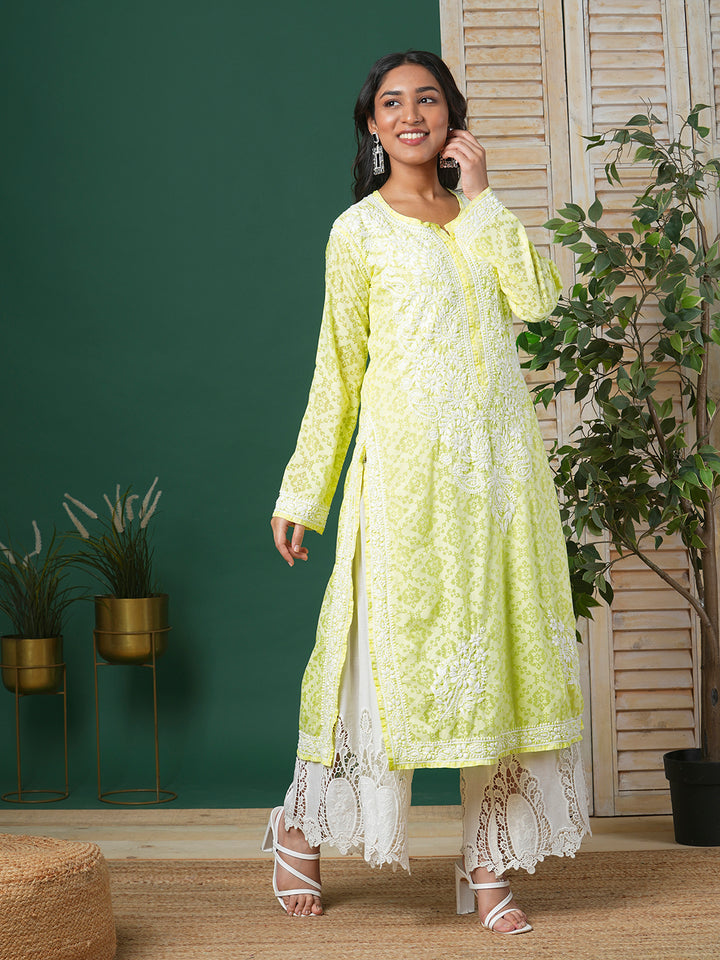 Lemon Yellow & White Embroidered Chikankari Cotton Kurta