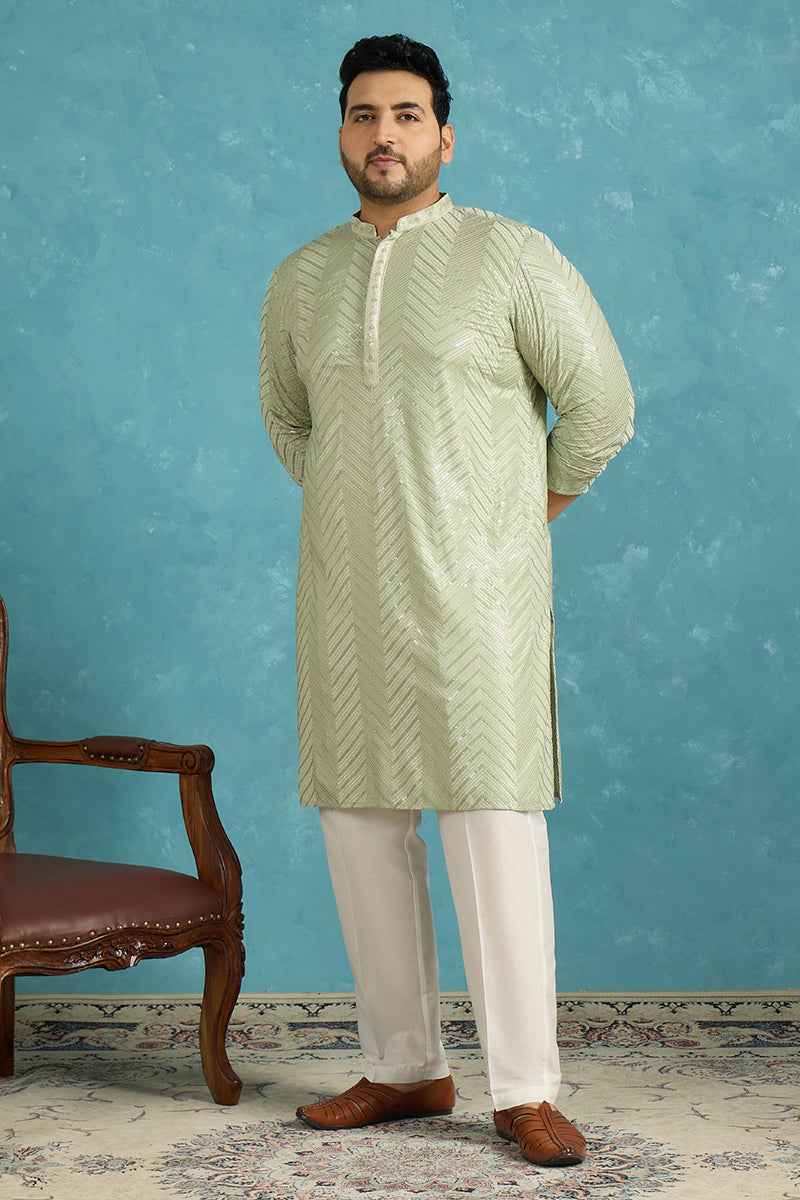 Mens Green Viscose Rayon Solid Chikankari Embroidered Kurta