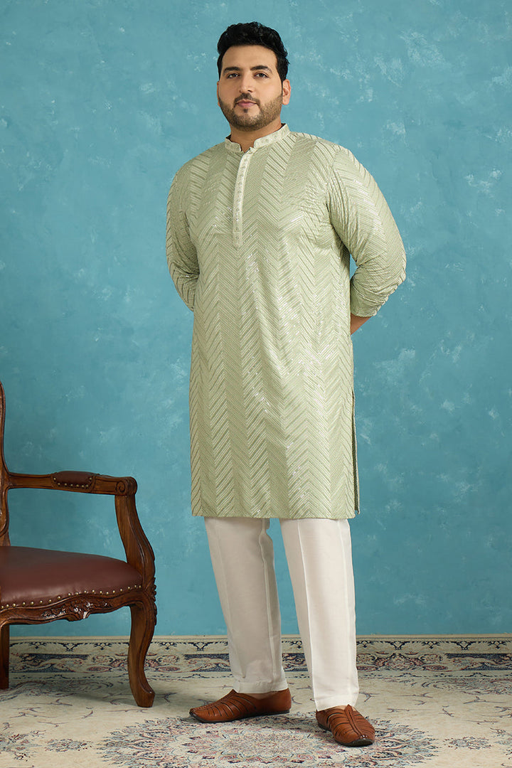 Mens Green Viscose Rayon Solid Chikankari Embroidered Kurta
