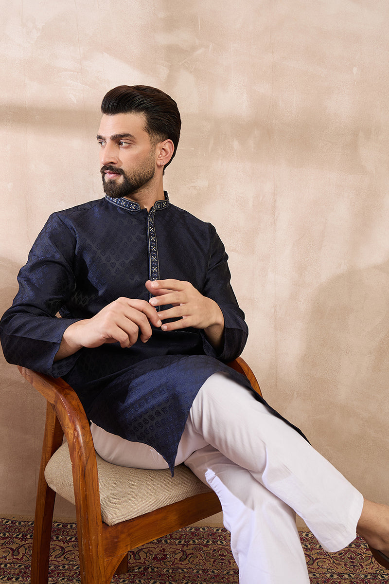 Mens Navy Blue Silk Blend Solid Woven Design Straight Kurta