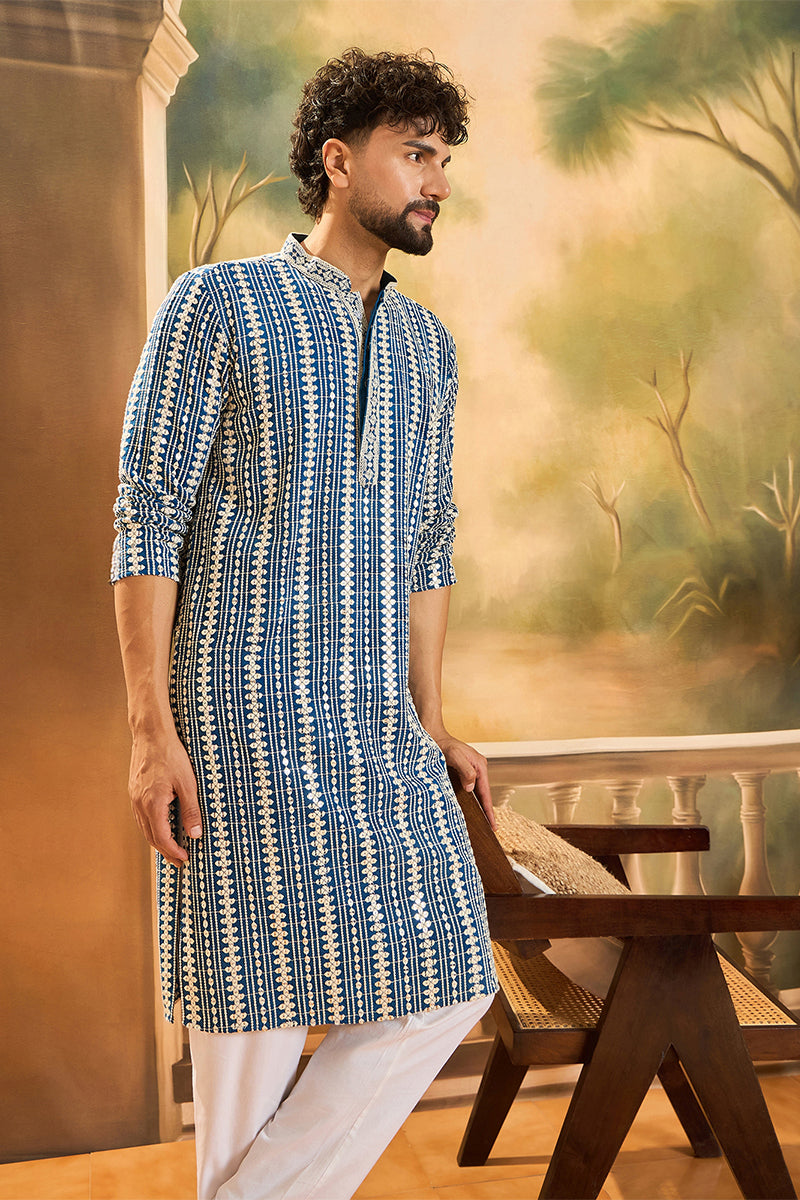 Mens Blue Viscose Rayon Embroidered Straight Kurta