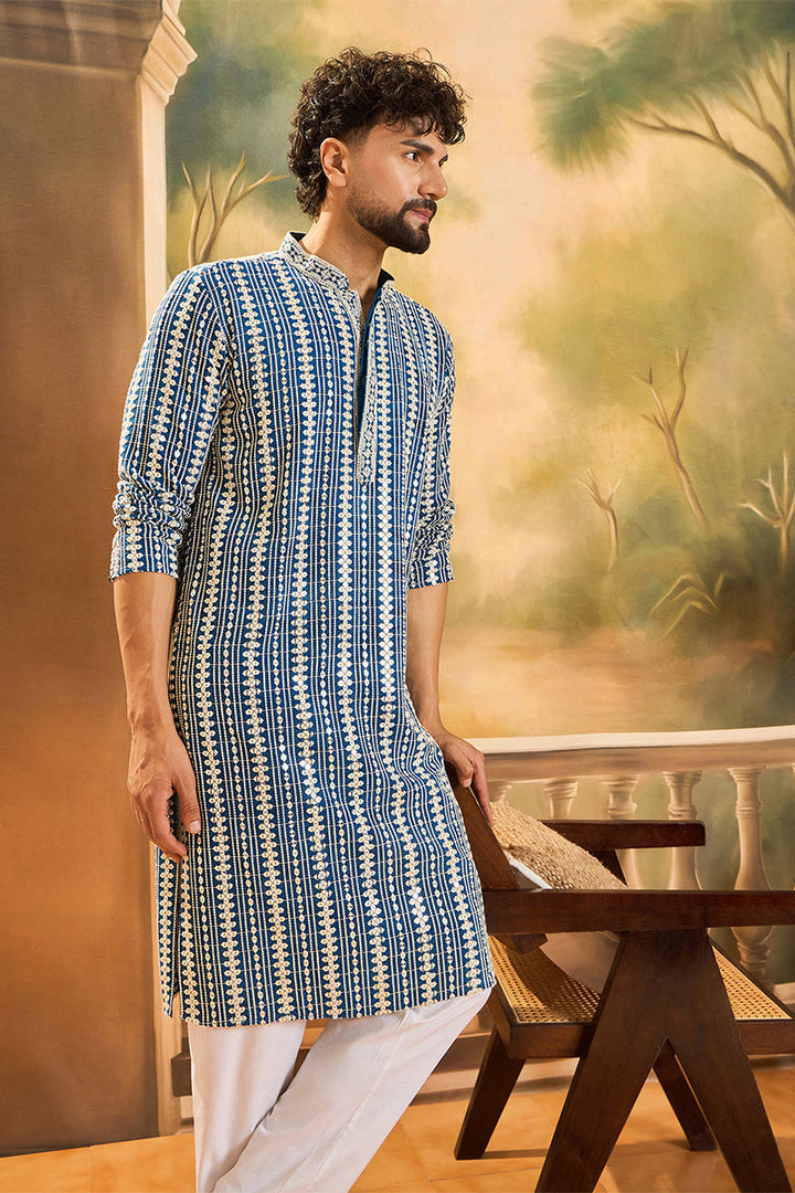 Mens Blue Viscose Rayon Embroidered Straight Kurta