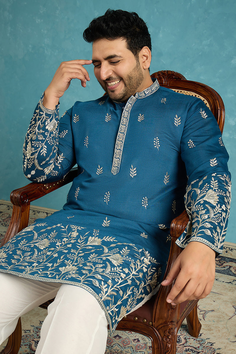 Mens Blue Silk Blend Solid Thread Work Embroidered Kurta