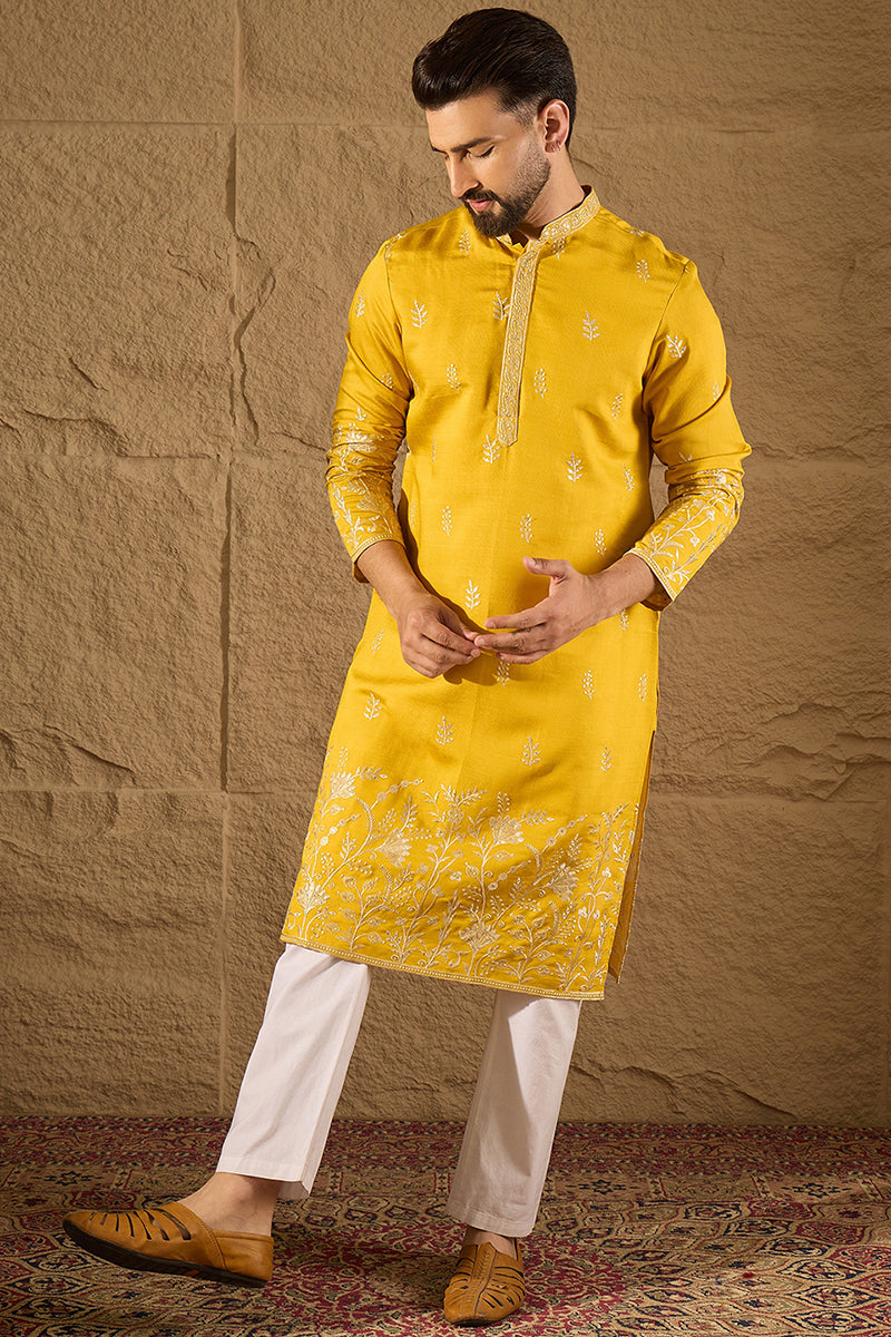 Mens Yellow Vertican Solid Embroidered Straight Kurta