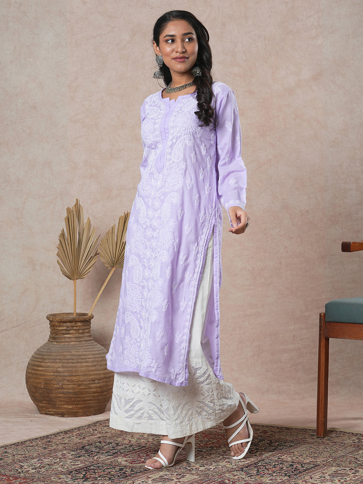 Hand Embroidered Lucknowi Chikankari Mauve & White Cotton Kurta
