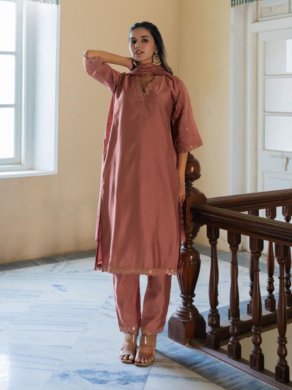 Red-Silk-Blend-Sequinned-Straight-3-Piece-Kurta-Set
