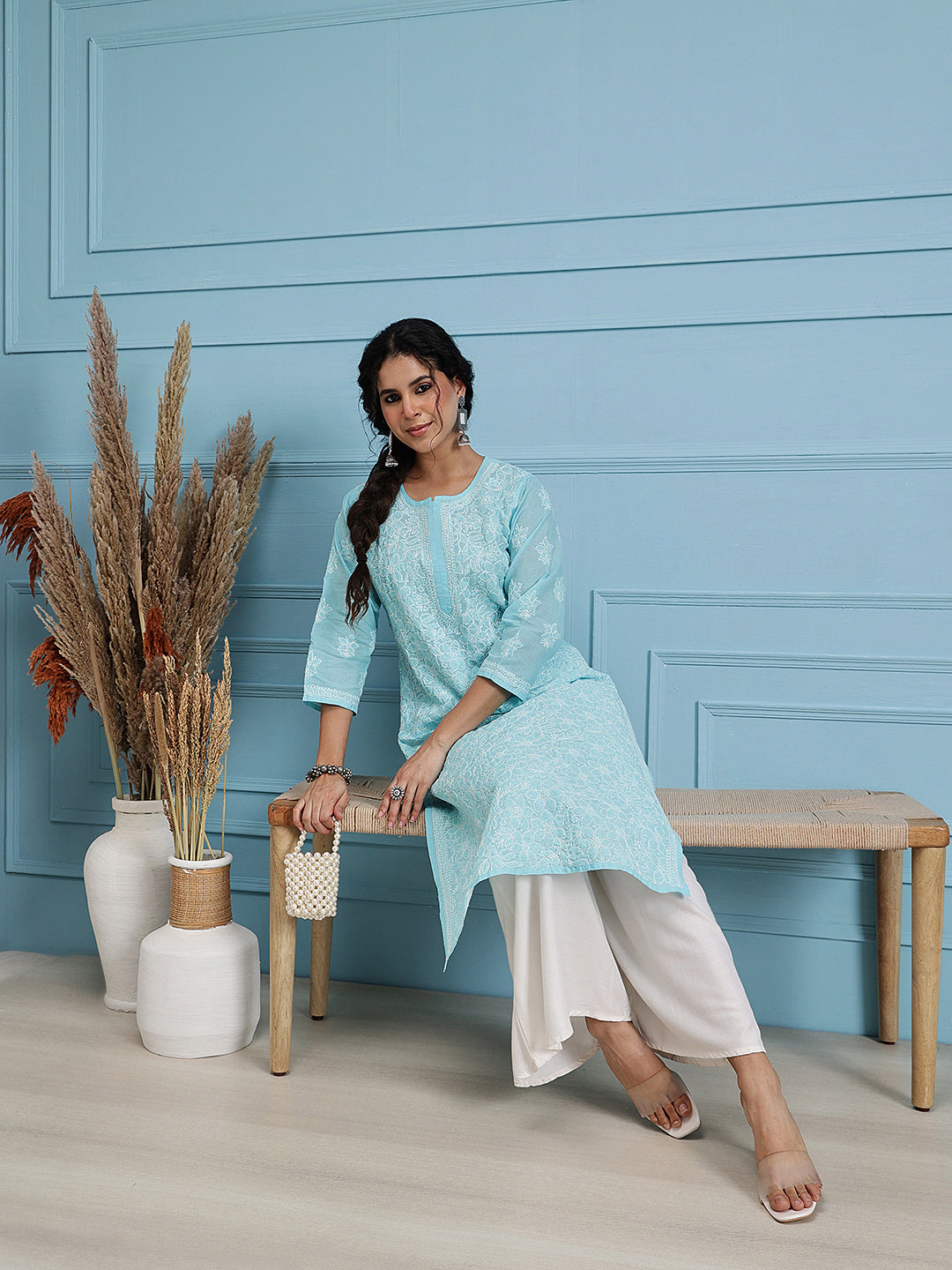 Hand Embroidered Blue Chikankari Kurta