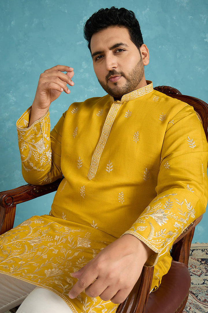 Mens Yellow Silk Blend Solid Thread Work Embroidered Kurta