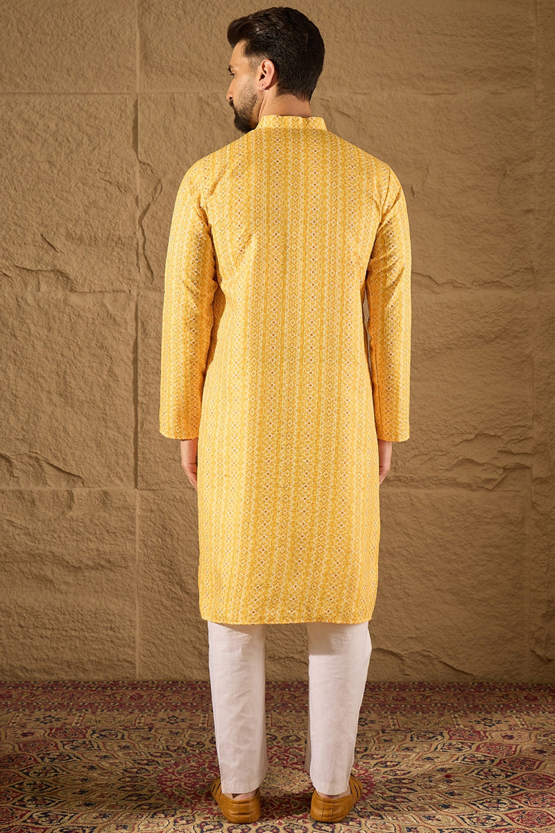 Mens Yellow Silk Blend Geometric Embroidered Straight Kurta with Trouser