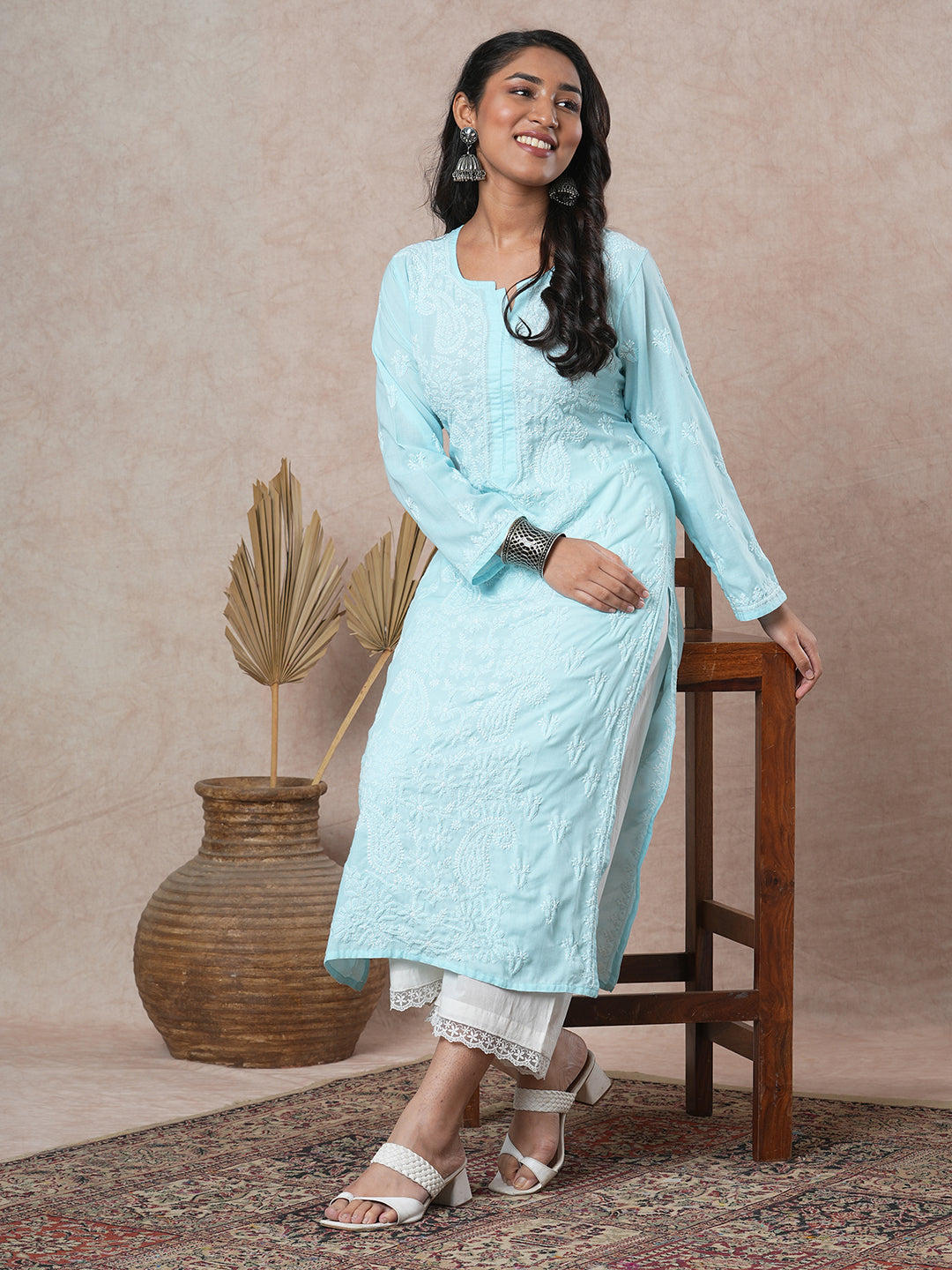 Hand Embroidered Lucknowi Chikankari sky Blue & White Cotton Kurta