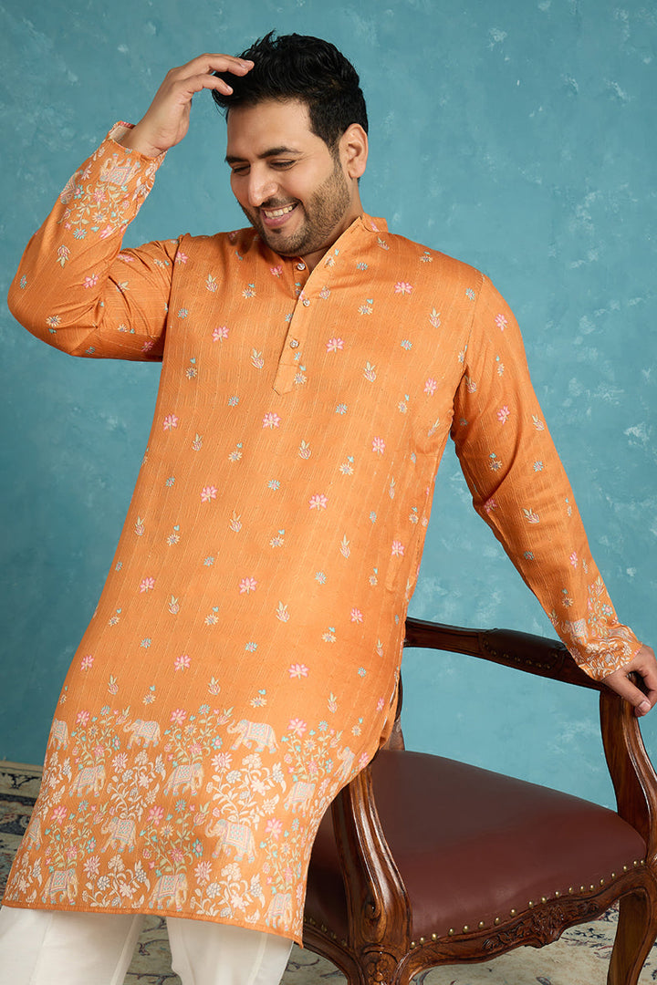 Mens Orange Silk Blend Floral Sequins Printed Kurta