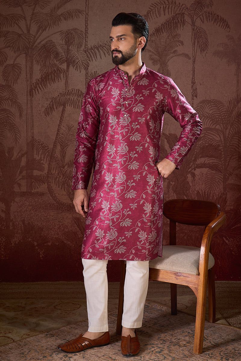 Mens Red Silk Blend Floral Printed Straight Kurta