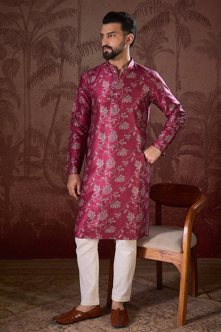 Mens Red Silk Blend Floral Printed Straight Kurta