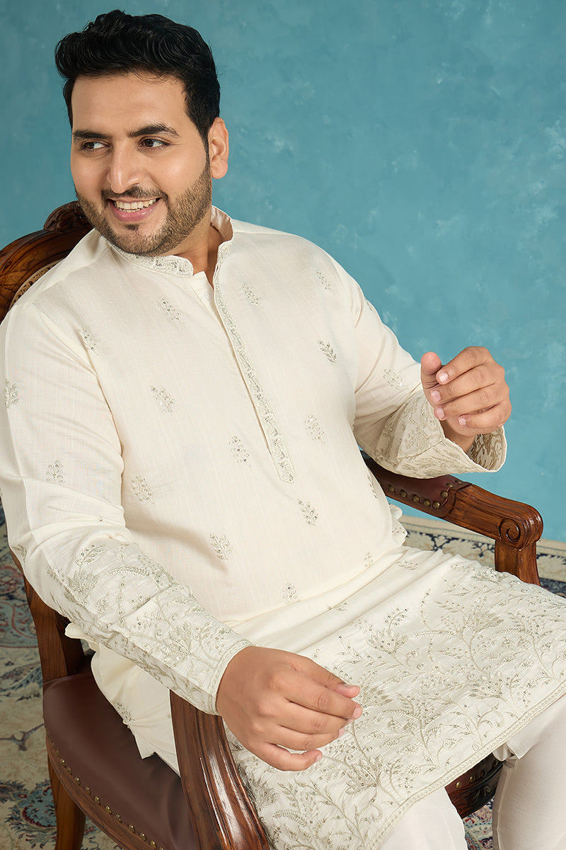 Mens White Silk Blend Floral Thread Work Embroidered Kurta
