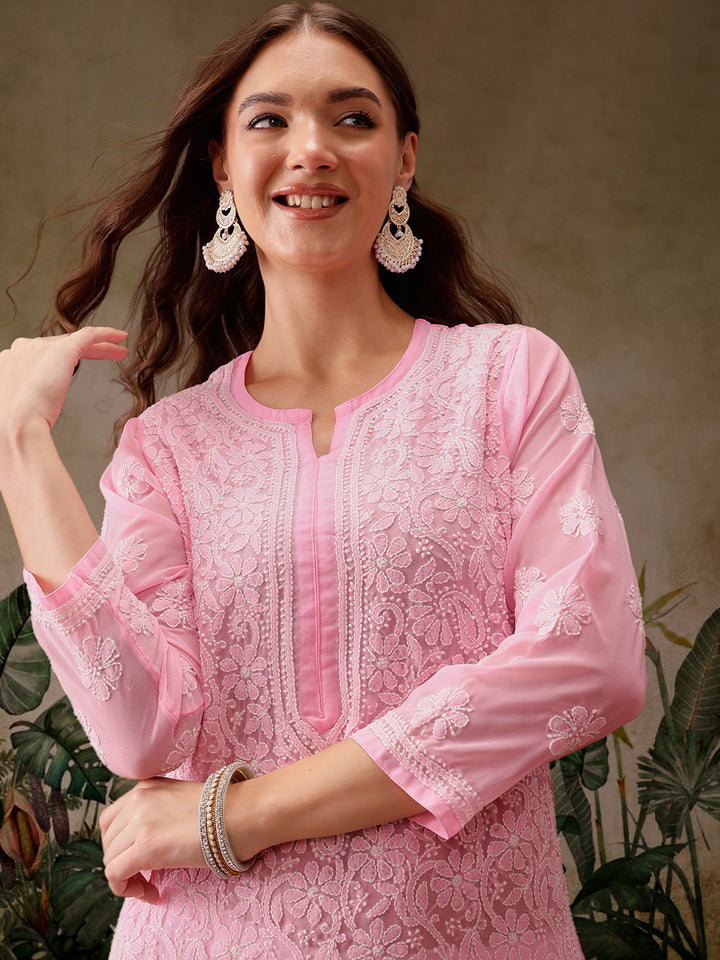 Baby Pink Faux Georgette Chikan Kurti