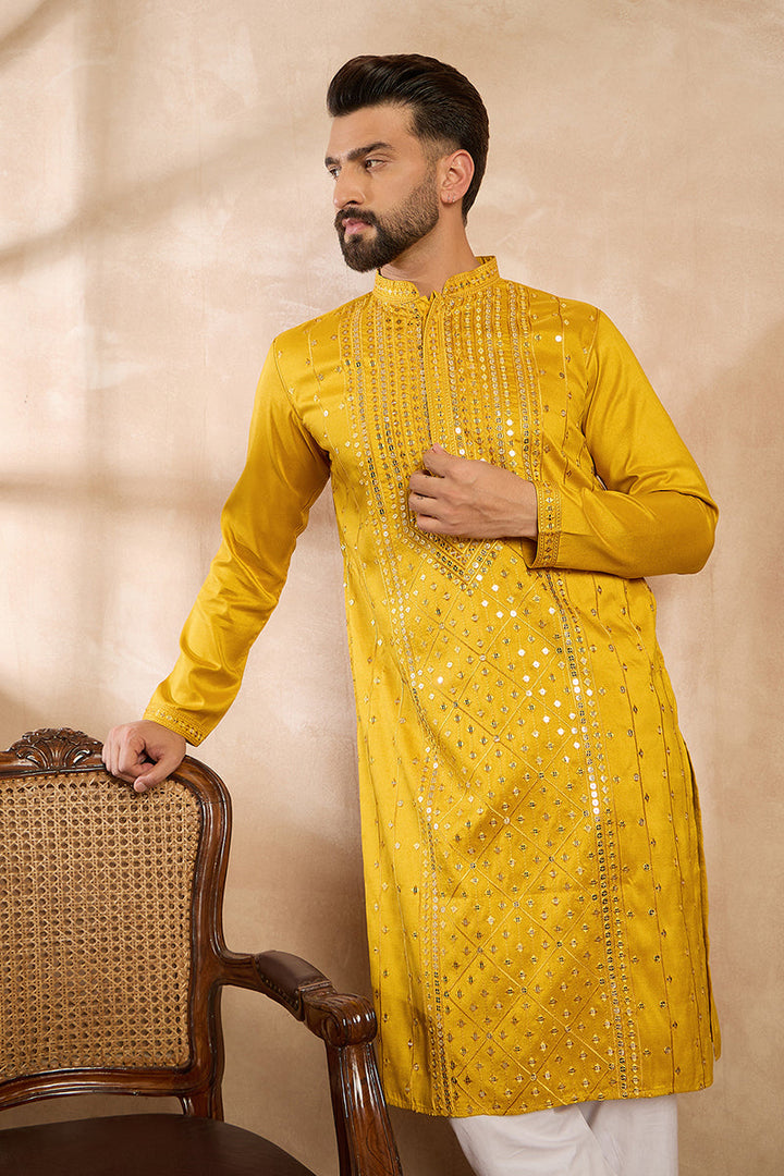 Mens Yellow Silk Blend Geometric Embroidered Straight Kurta