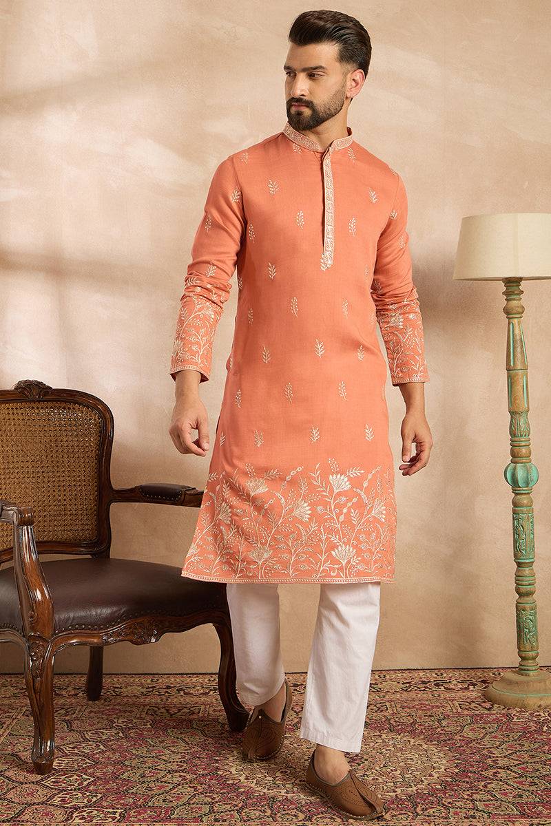 Mens Peach Vartican Solid Embroidered Straight Kurta
