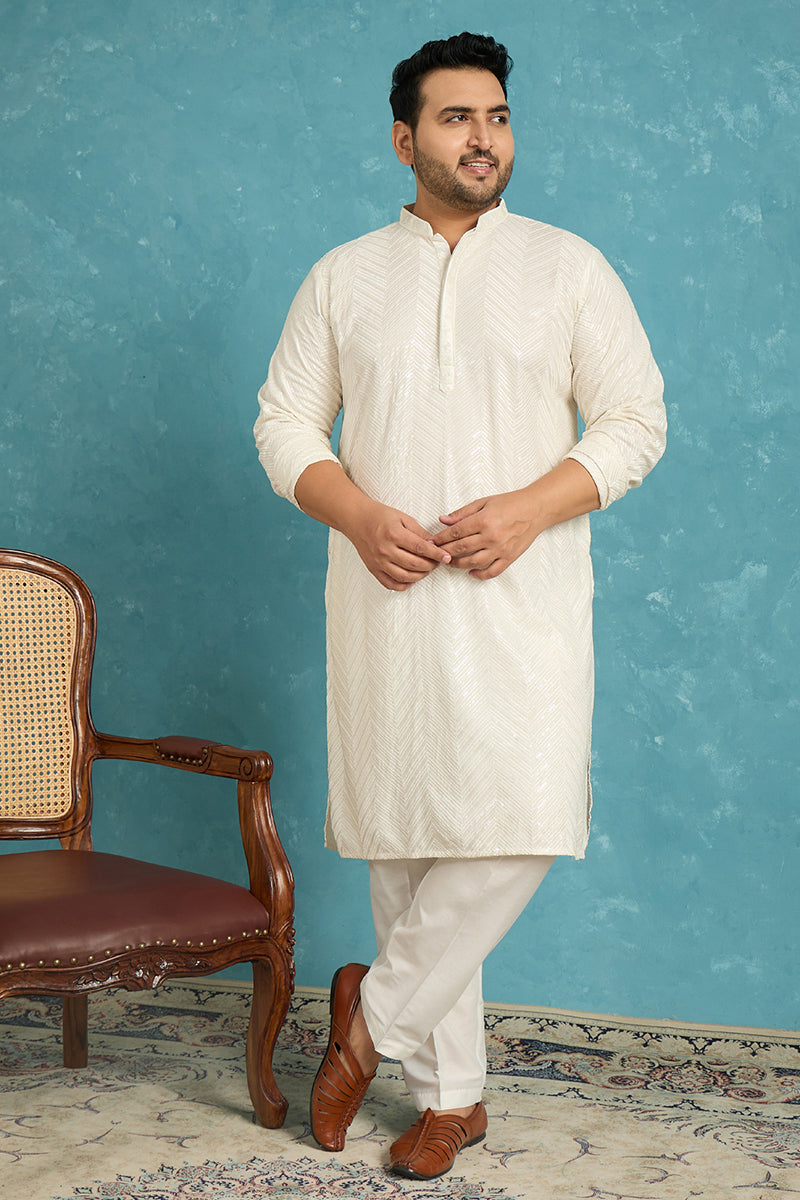 Mens Off White Viscose Rayon Solid Sequins Embroidered Kurta