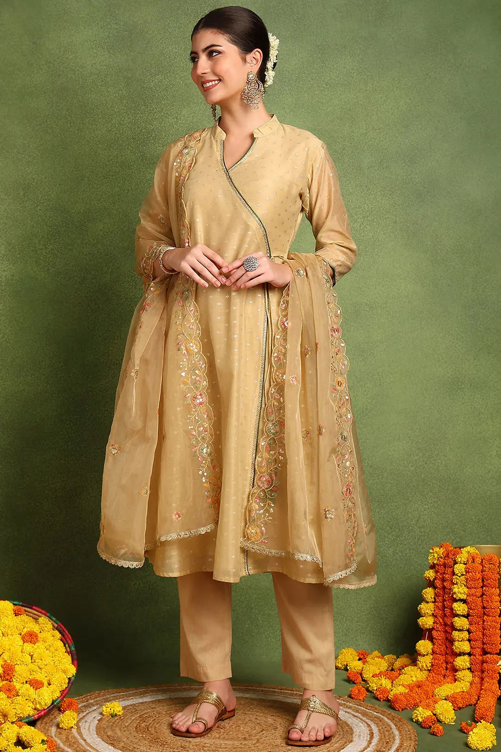 Beige-Chanderi-Silk-Khari-Printed-Angrakha-Kurta