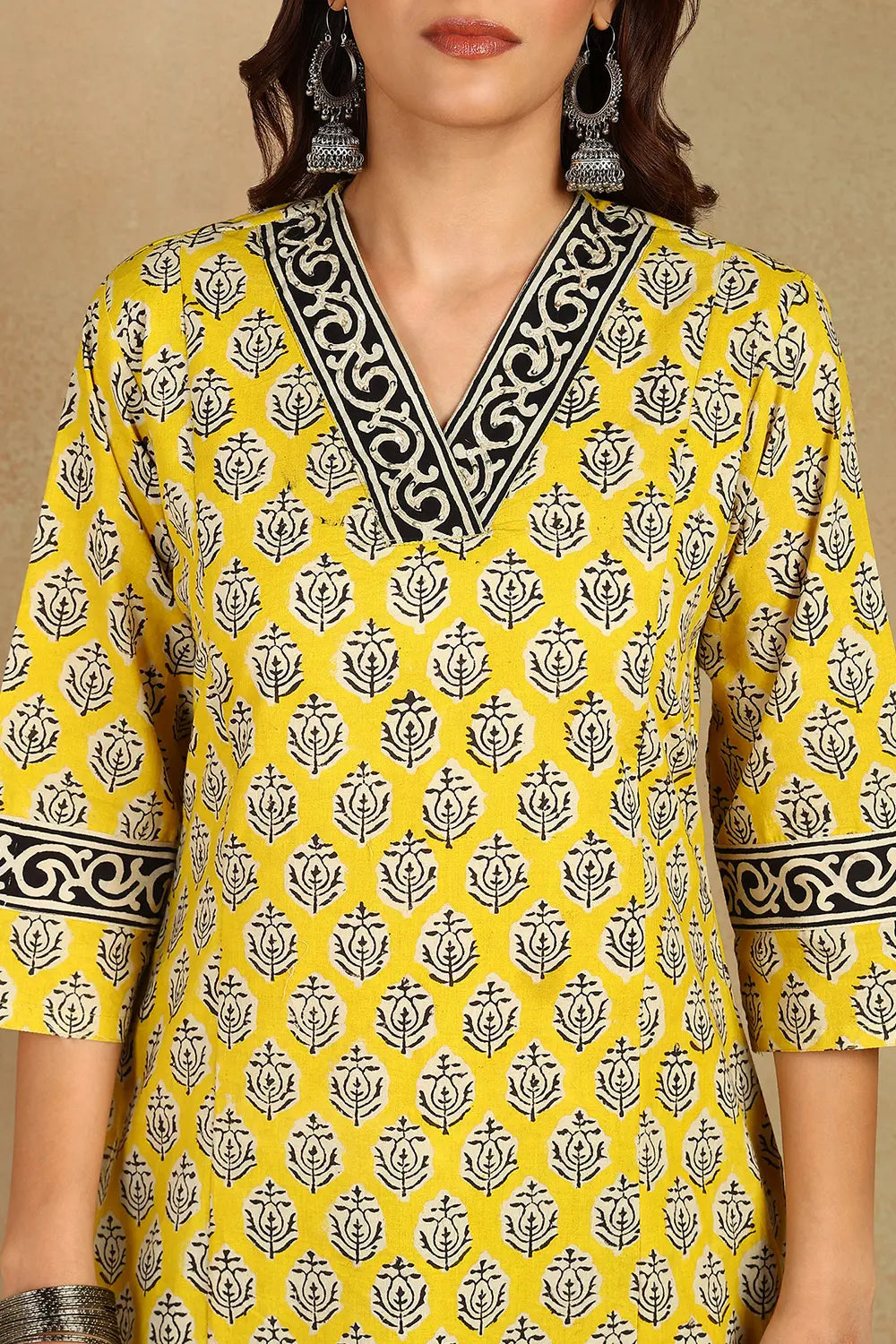 Yellow-Cotton-Hand-Block-Printed-Straight-Bagru-Kurta