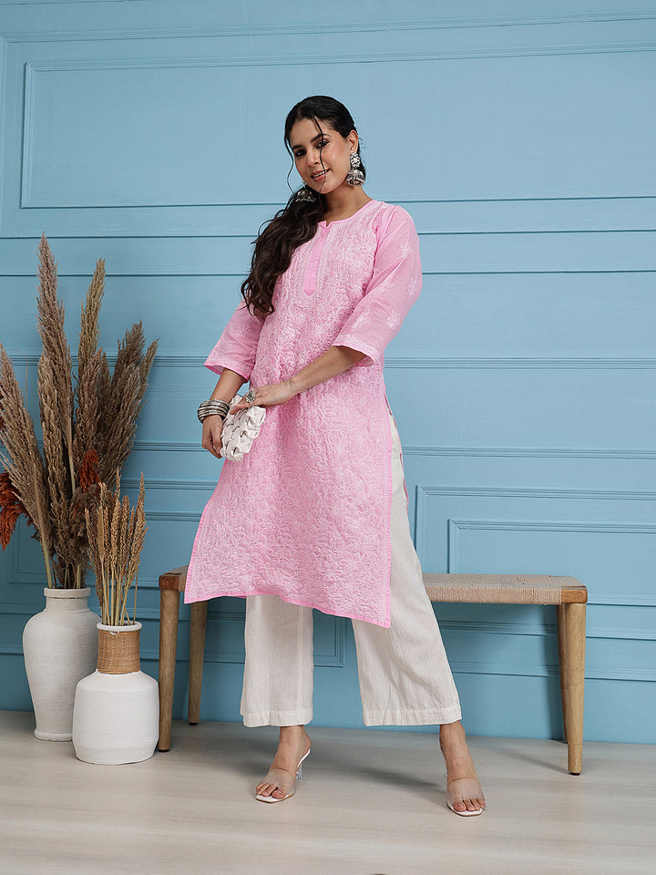 Hand Embroidered Pink Lucknow Chikan Kurta