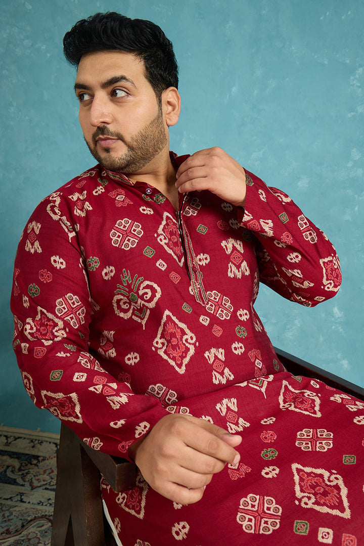 Mens Red Silk Blend Abstract Printed Kurta