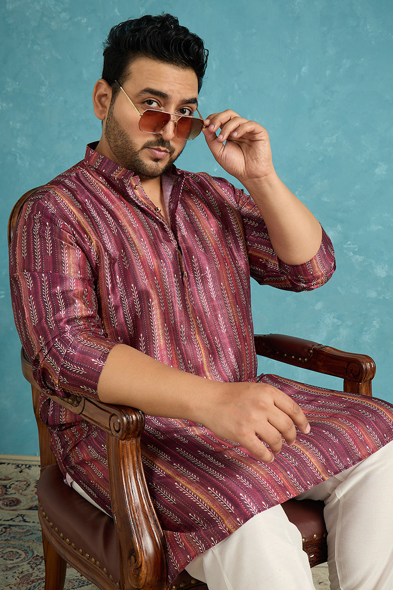 Mens Purple Silk Blend Striped Printed Kurta
