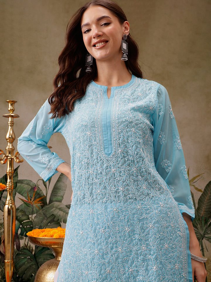 Blue Faux Georgette Chikankari Straight Kurti