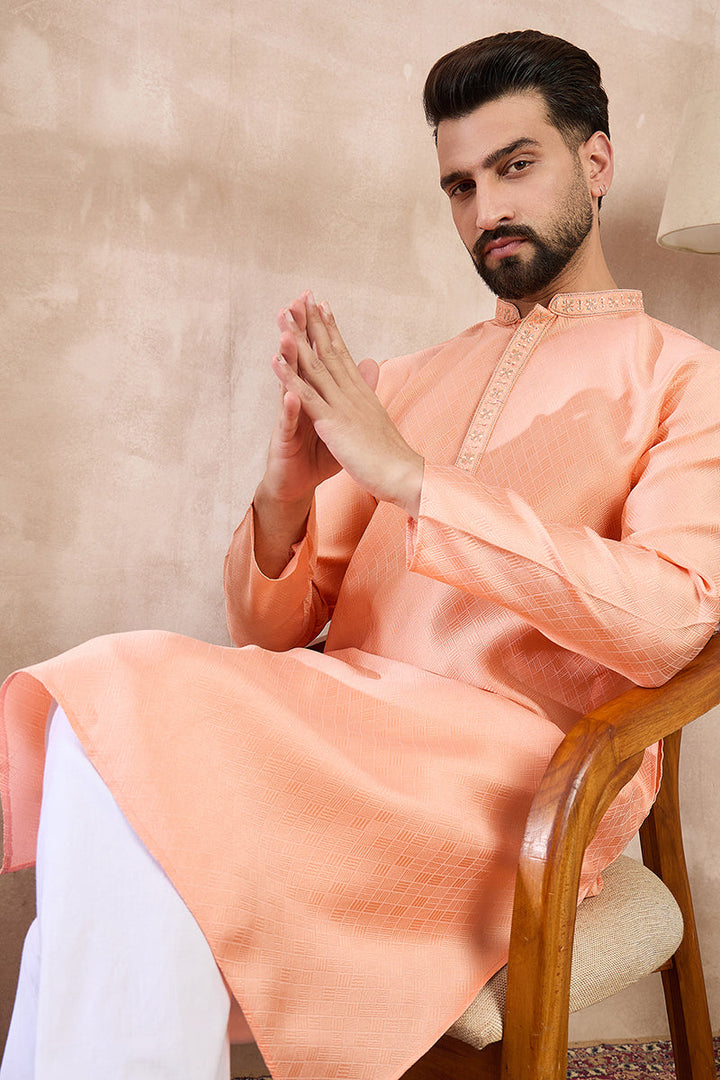Mens Peach Silk Blend Solid Embroidered Straight Kurta
