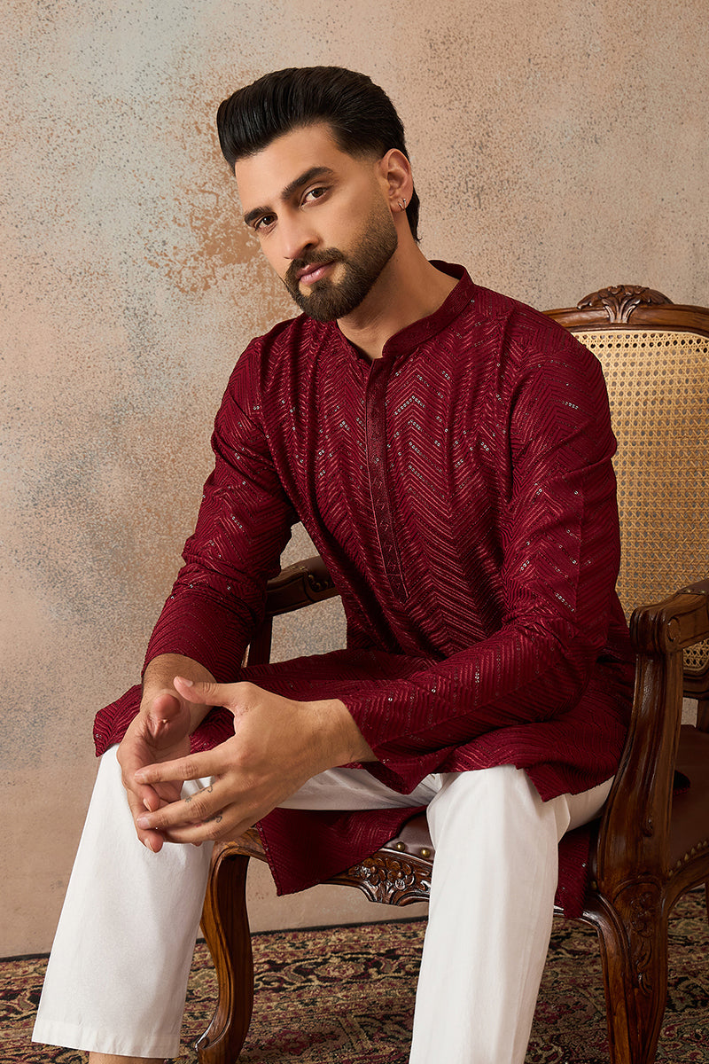 Mens Maroon Rayon Embroidered Straight Kurta