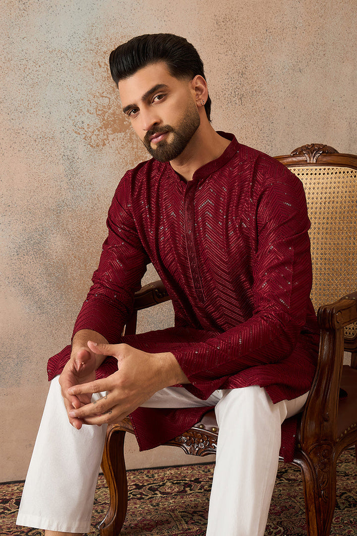 Mens Maroon Rayon Embroidered Straight Kurta